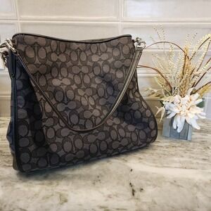 Coach Signature Purse Monogram Canvas Leather Trim Shoulder‎ Bag Womens Purse